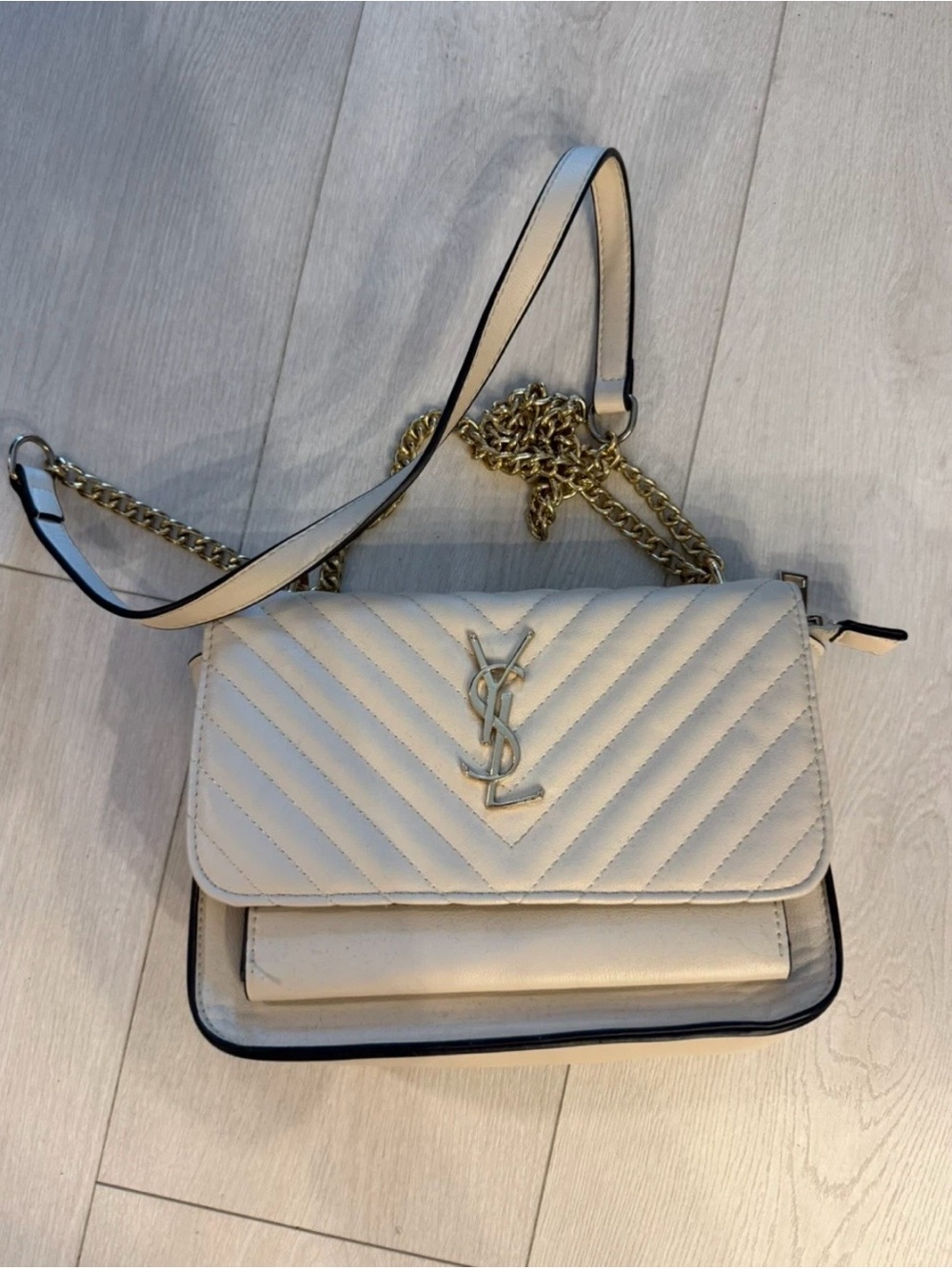 Saint Laurent Cream Quilted Crossbody Bag with Gold Chain